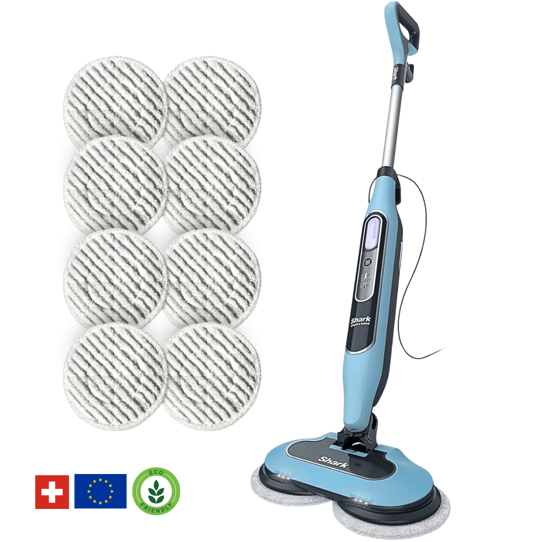 Shark® damp- og skuremoppe – alt-i-én med LED, XL-tank og 8 puder