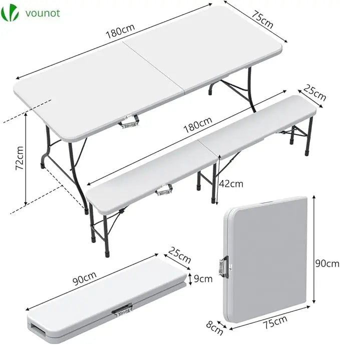 Sæt med klapbord og 2 bænke, hvid, 180 x 75 x 72 cm