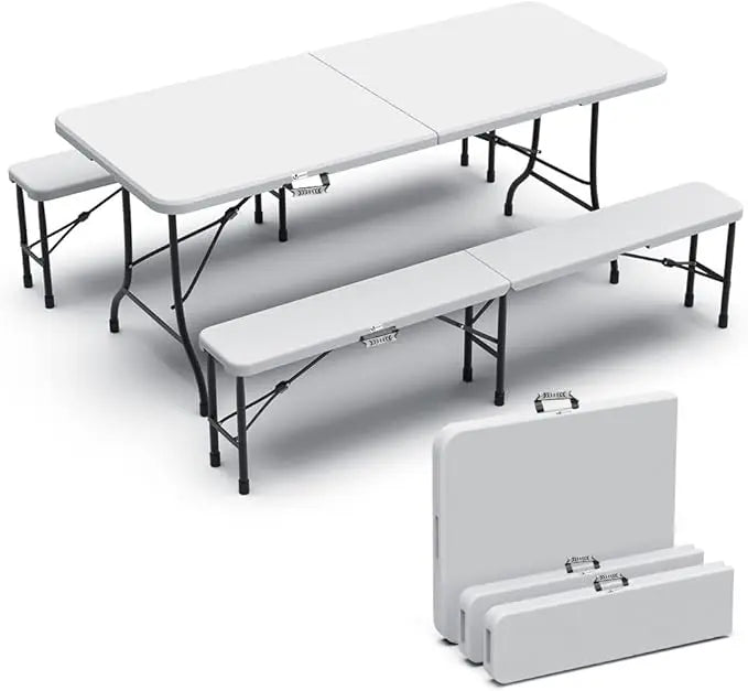 Sæt med klapbord og 2 bænke, hvid, 180 x 75 x 72 cm