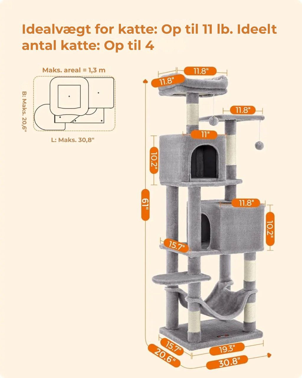 Feandrea kattetræ 154 cm - Plys klatretårn med 5 kradsetræer, 2 platforme