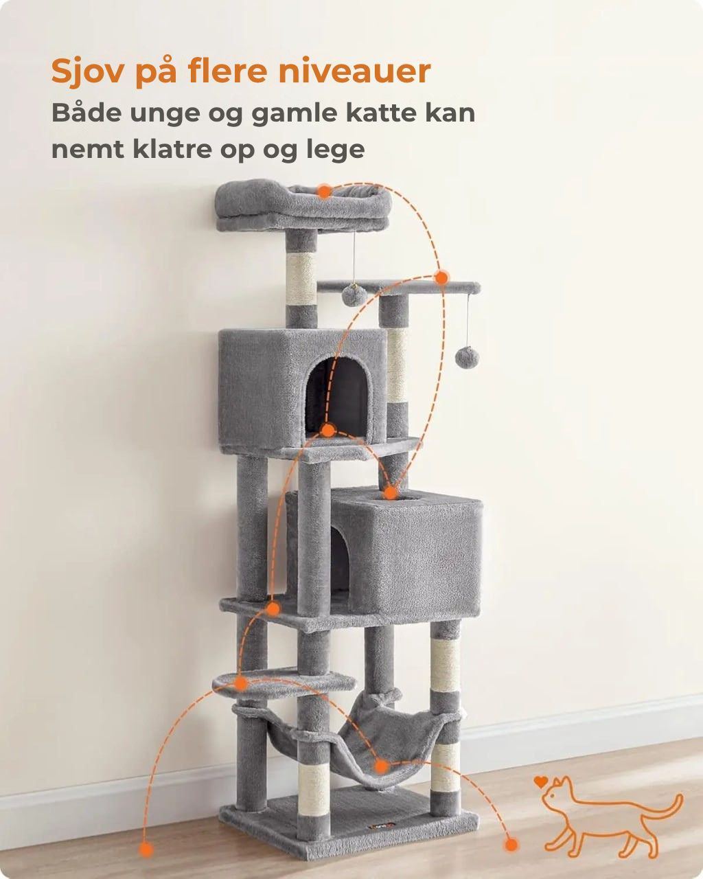 Feandrea kattetræ 154 cm - Plys klatretårn med 5 kradsetræer, 2 platforme