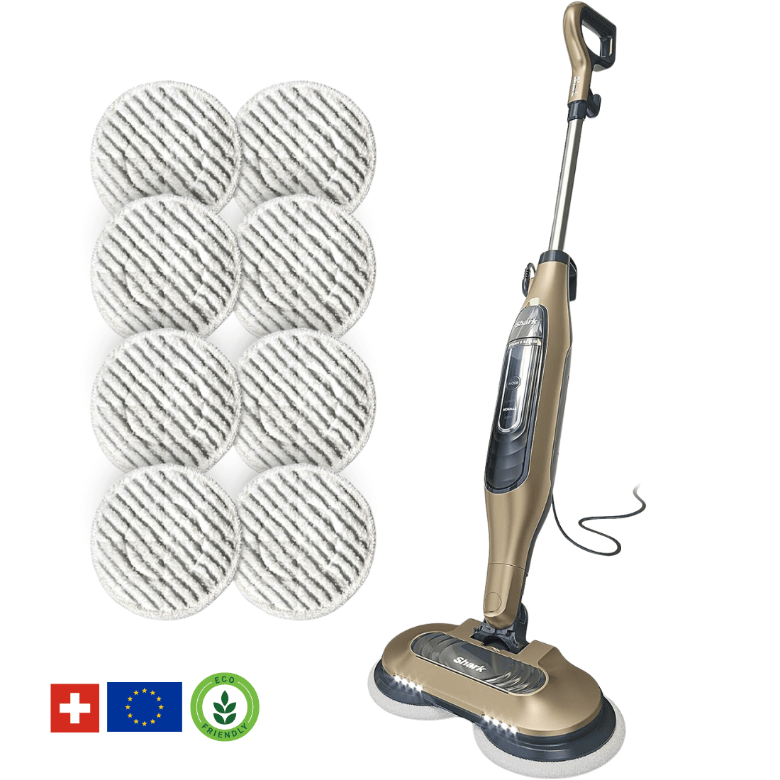 Shark® damp- og skuremoppe – alt-i-én med LED, XL-tank og 8 puder