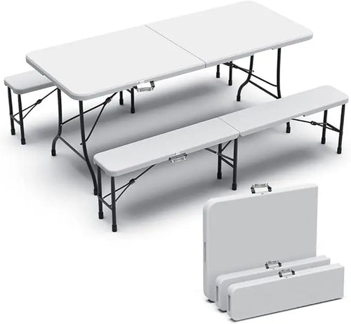 Sæt med klapbord og 2 bænke, hvid, 180 x 75 x 72 cm